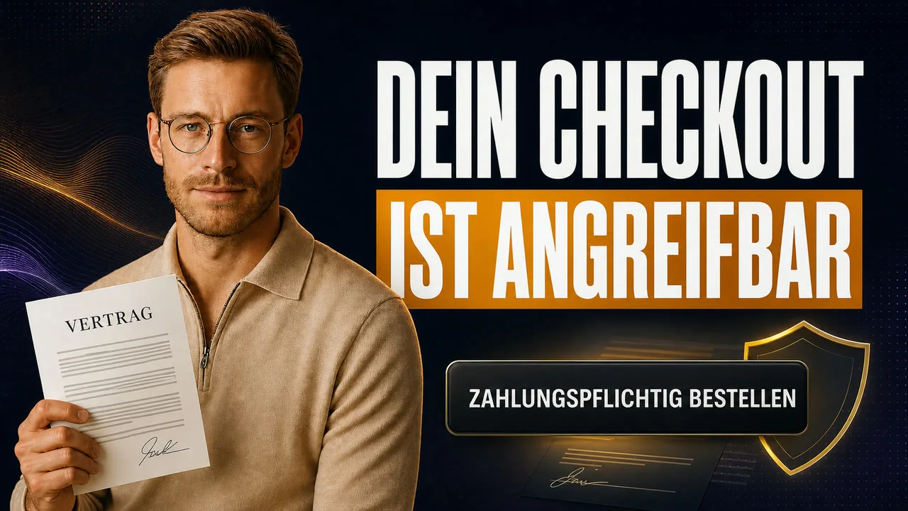 CloserCart Ratgeber: Samuel hält einen Vertrag neben einem rechtssicheren Checkout mit Button-Lösung
