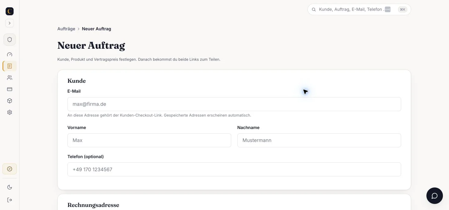 CloserCart Formular zum Checkout-Seite erstellen mit Kundendaten für einen neuen High-Ticket-Auftrag