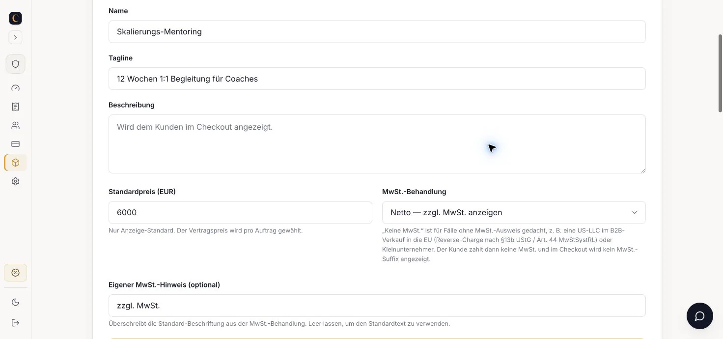 CloserCart Produktseite zum Checkout-Seite erstellen mit Produktname, Beschreibung, Preis und Mehrwertsteuer