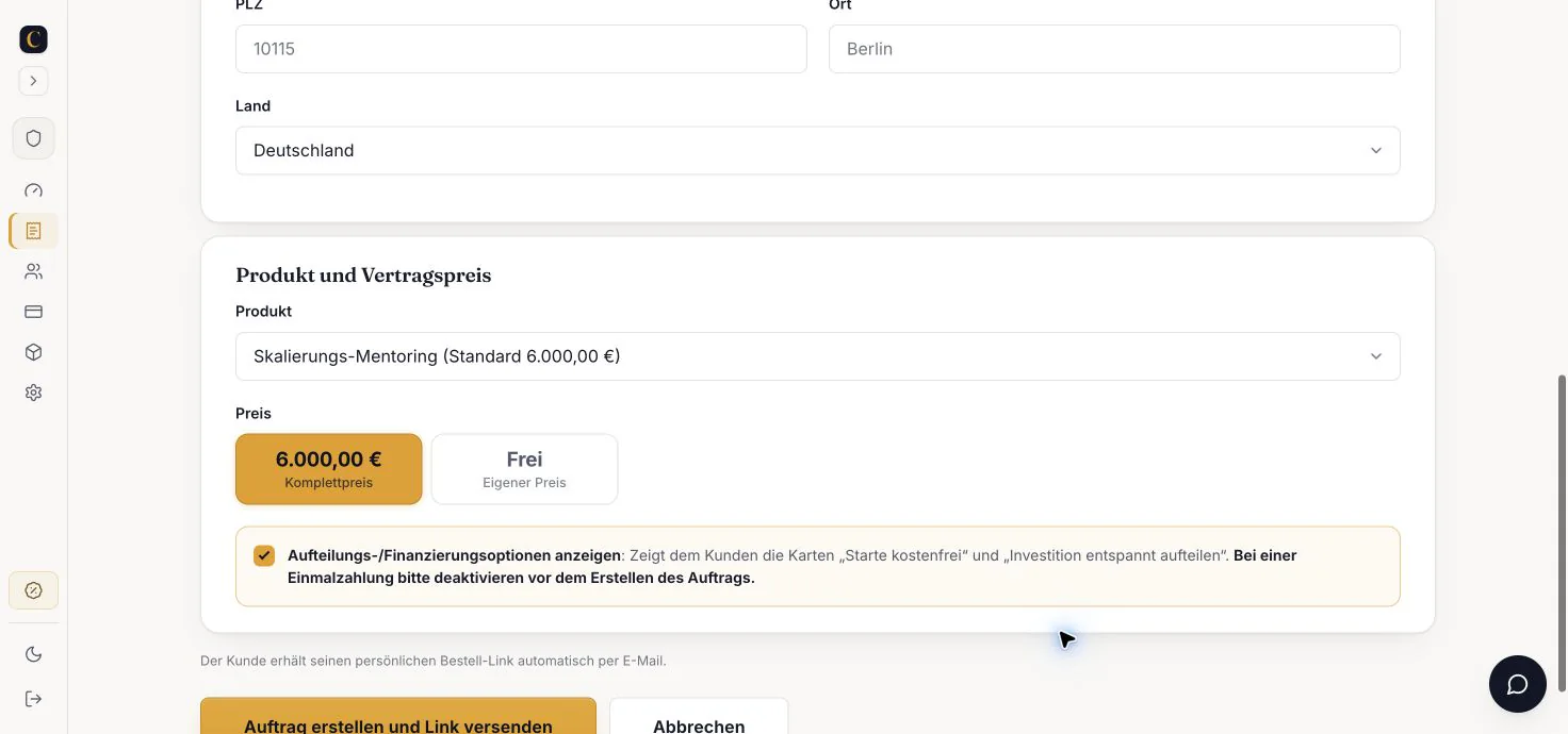 CloserCart Auftrag mit 6.000 Euro Vertragspreis und aktivierter Ratenzahlung für eine High-Ticket-Checkout-Seite