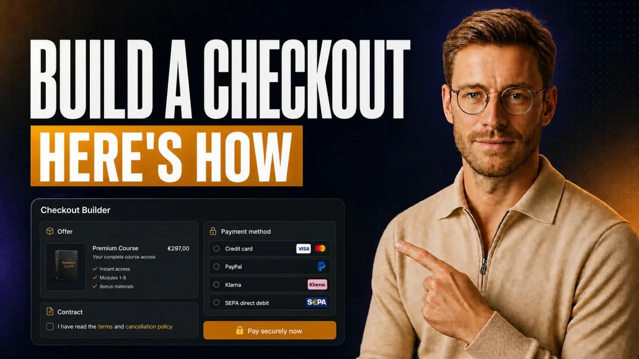CloserCart guide: Samuel showing a High-Ticket checkout page with offer, contract, and payment methods