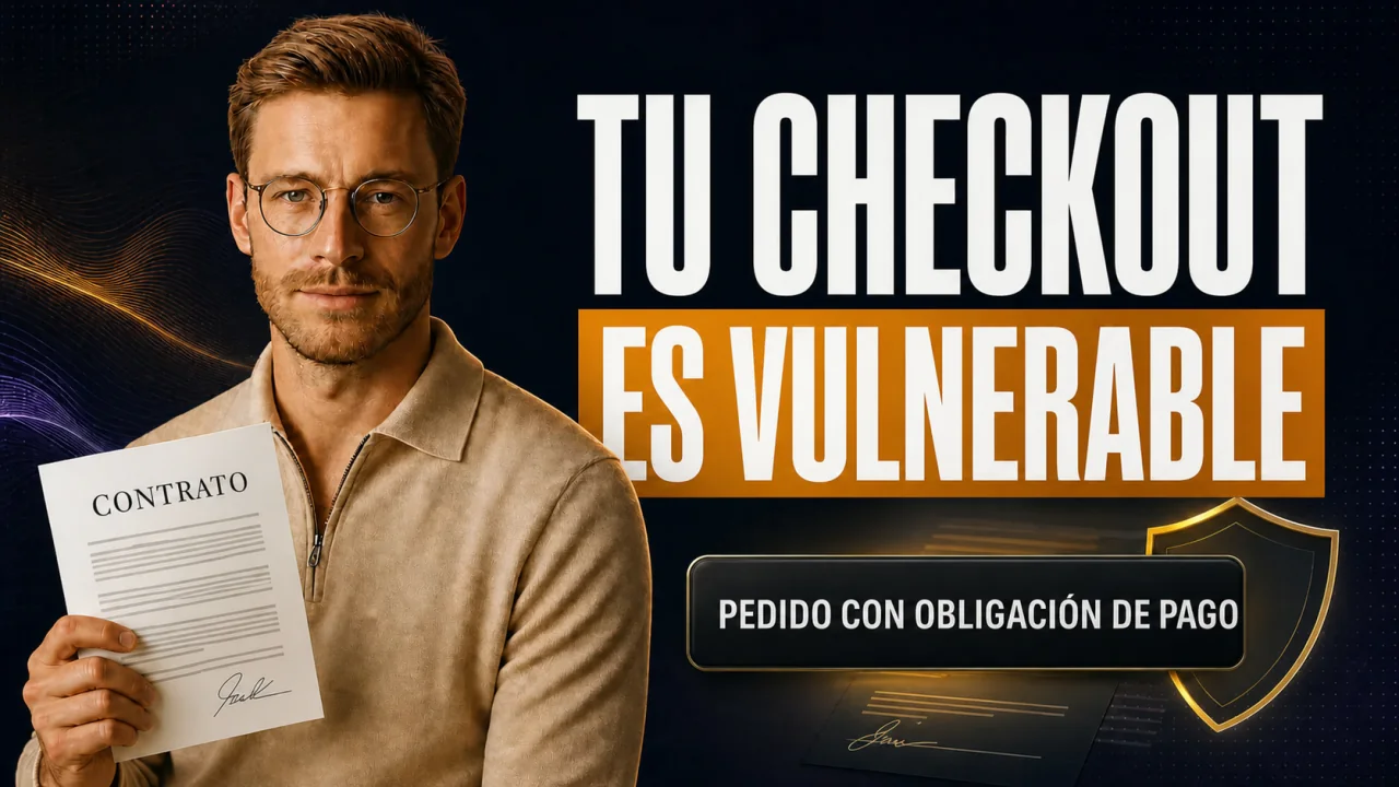 Guía de CloserCart: Samuel sostiene un contrato junto a un checkout con seguridad jurídica y la solución del botón