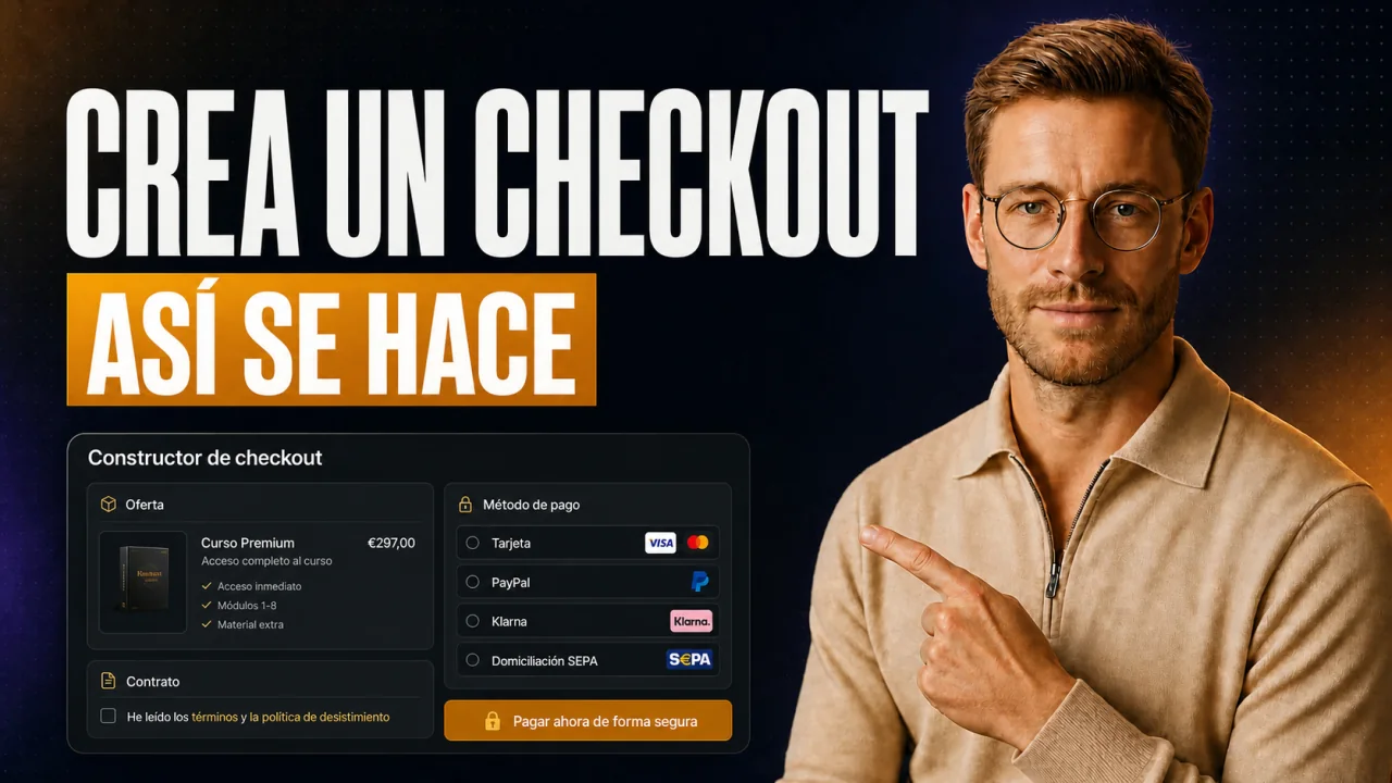 Guía de CloserCart: Samuel muestra una página de checkout High-Ticket con oferta, contrato y métodos de pago