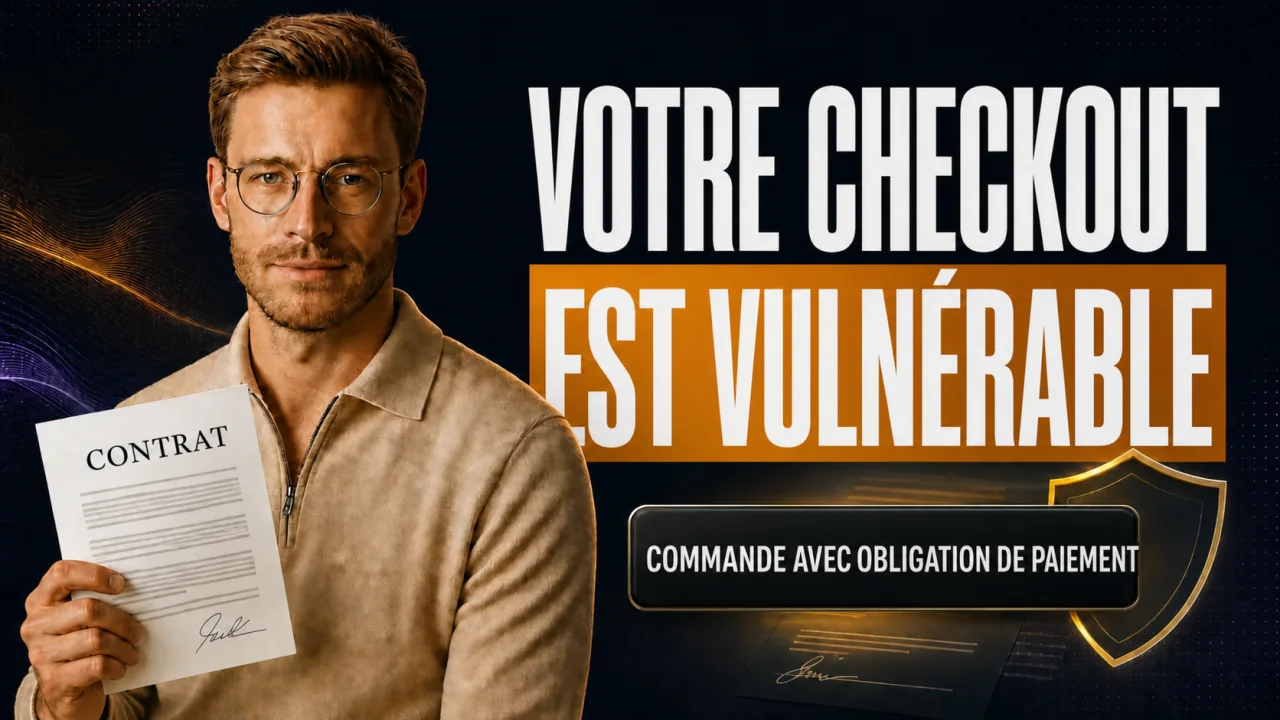 Guide CloserCart : Samuel tient un contrat à côté d'un checkout conforme avec un bouton de commande correctement libellé