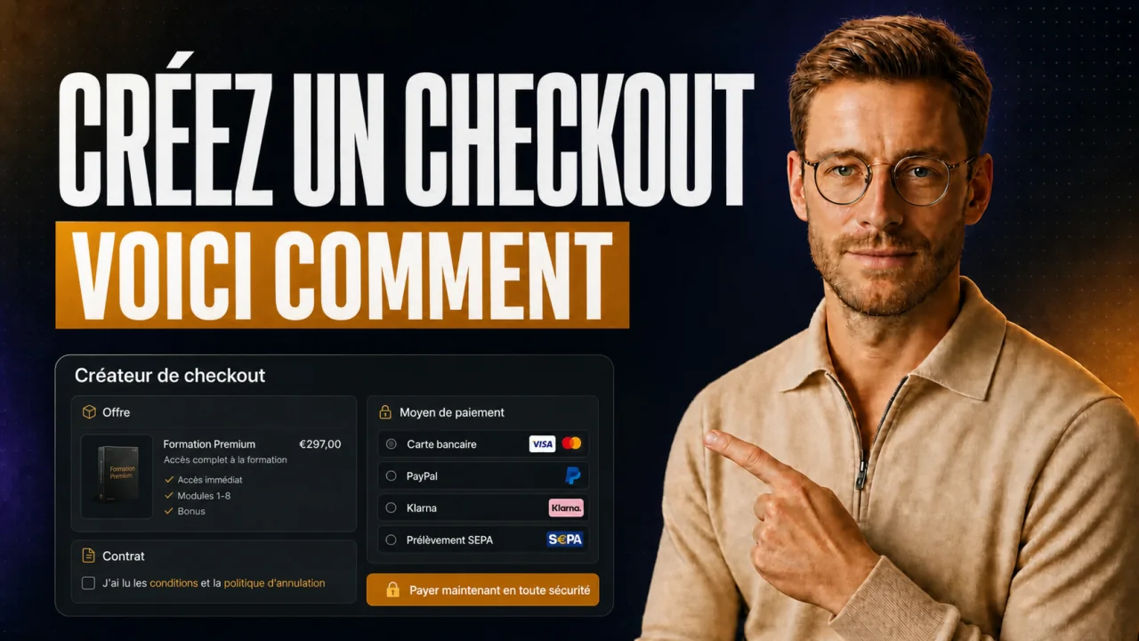 Tutoriel CloserCart : Samuel montre une page de Checkout High-Ticket avec offre, contrat et moyens de paiement