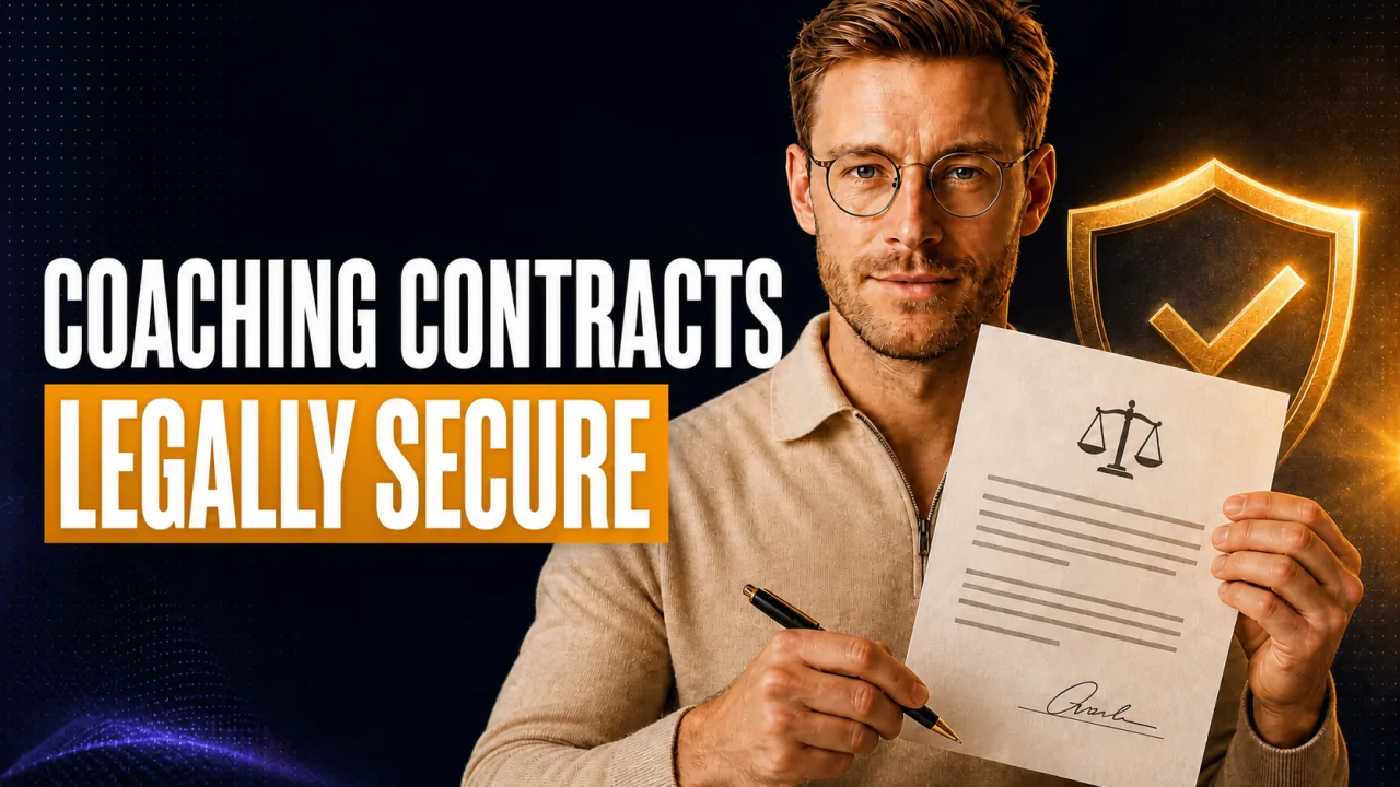 CloserCart guide: Samuel holding a legally sound coaching contract with a protection seal