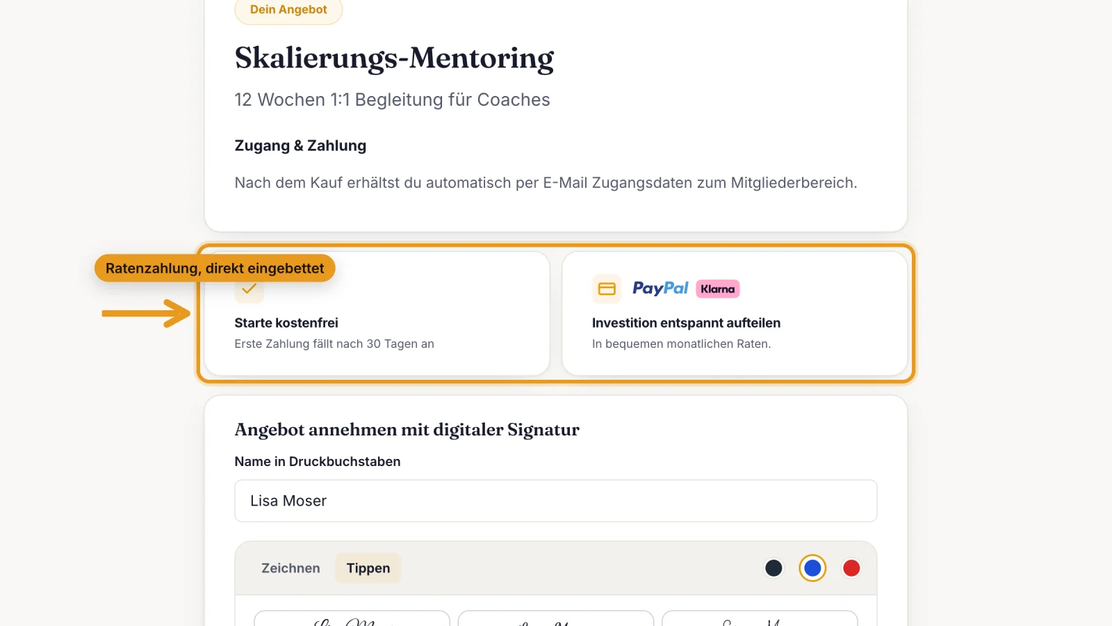 Checkout-Seite mit eingebetteter Ratenzahlung, Karte, Klarna und PayPal